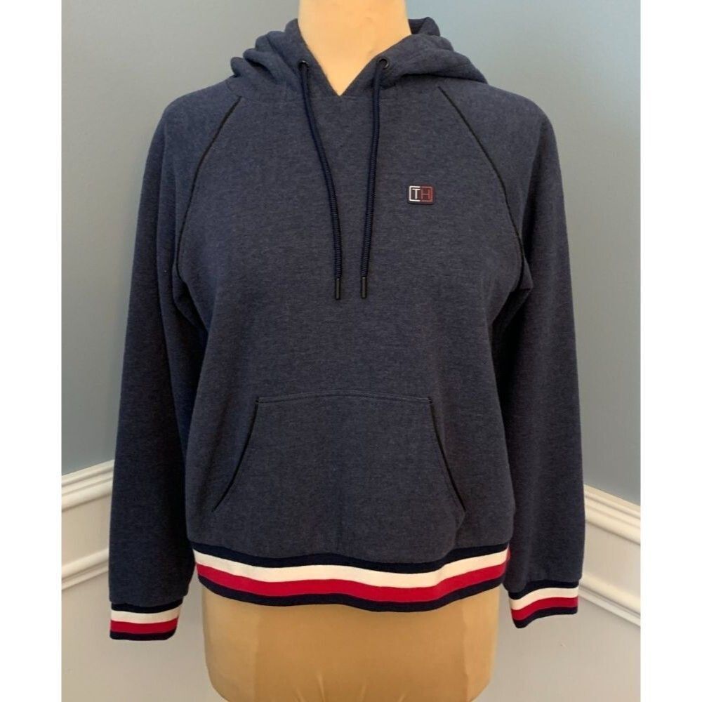 Tommy Hilfiger Hoodie Womens M Sport Long Sleeve Terry Fleece Navy Y2K Pullover